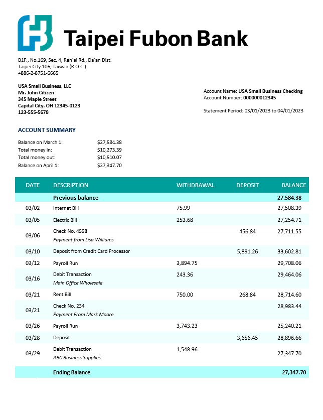 Modèle Word et PDF de relevé de compte courant d'entreprise de la Taipai Fubon Bank